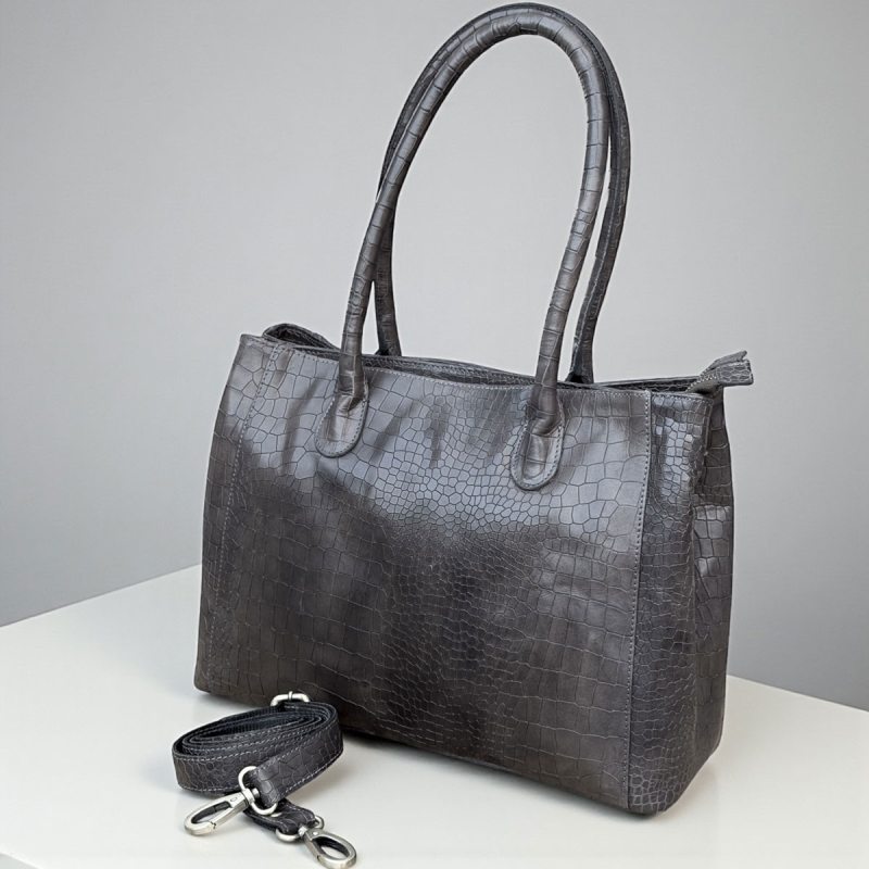 Shila skuldertaske med hånd / skulderhanke og aft rem - Croco præg skind - Leather design - Freja skind