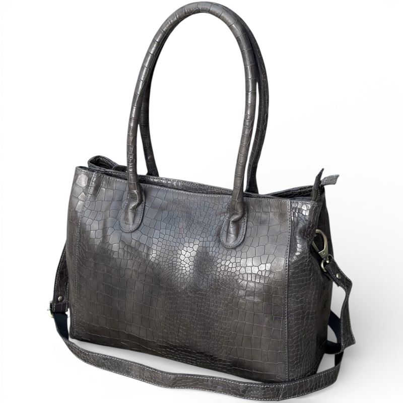 Shila skuldertaske med hånd / skulderhanke og aft rem - Croco præg skind - Leather design - Freja skind