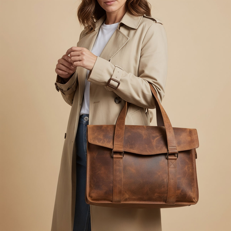 Denise arbejdstaske i hunter brun bøffellæder - Leather design - Freja skind