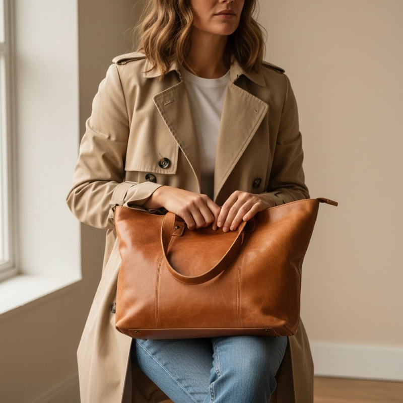 Monique shopper - Arbejdstaske med plads til pc mm - patineret cognac bøffel - Leather design - UR 894 - Freja skind