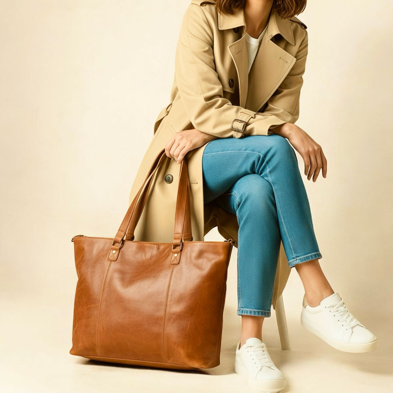 Monique shopper - Arbejdstaske med plads til pc mm - patineret cognac bøffel - Leather design - UR 894 - Freja skind