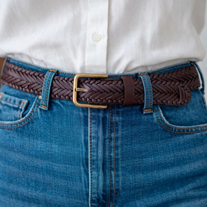 Amora damebælte - brun flettet kernelæder - Brading - Freja skind