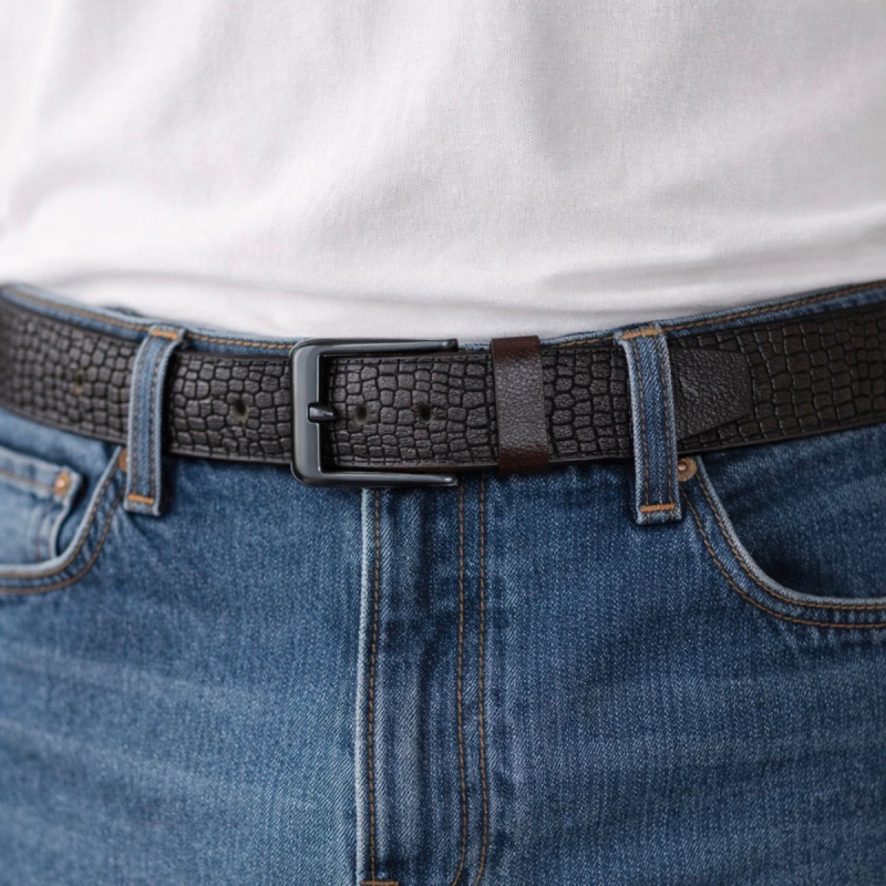 Brun Dundee læderbælte med croco præg - Kernelæder - Freja skind