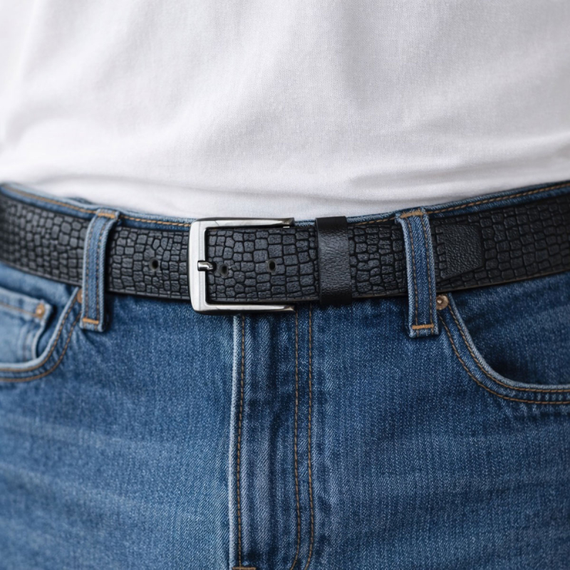 Sort Dundee læderbælte - Croco præg - kernelæder - Freja skind