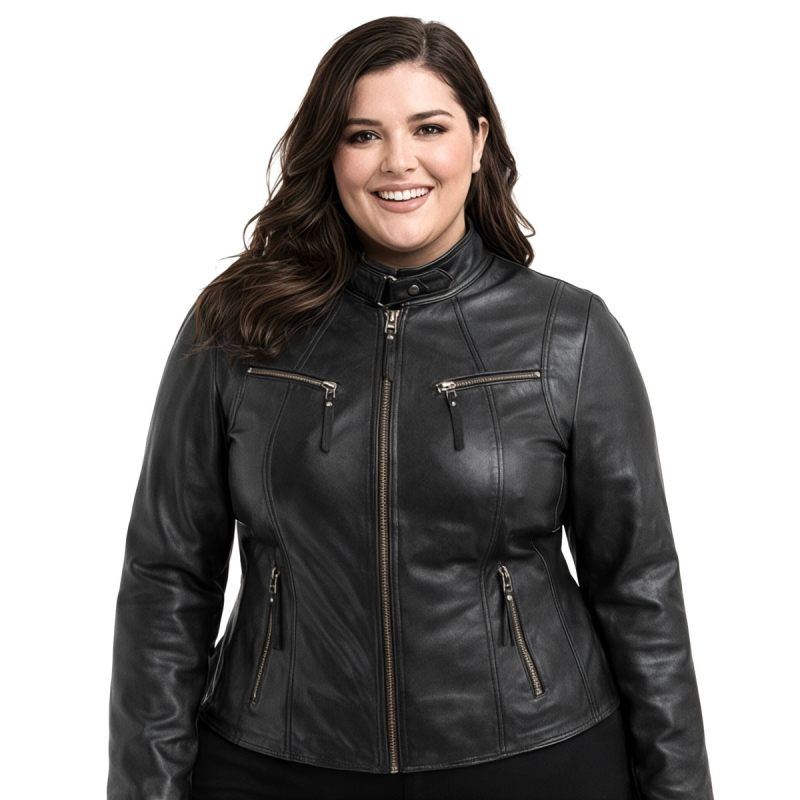 Sort dame skindjakke i sporty design - Blød skind - Freja skind