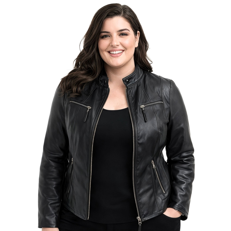 Sort dame skindjakke i sporty design - Blød skind - Freja skind