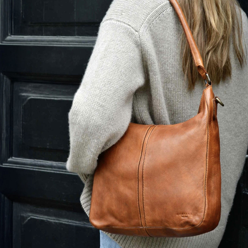 Augusta crossbody taske med to remme - Patineret cognac bøffellæder - Montana - Freja skind
