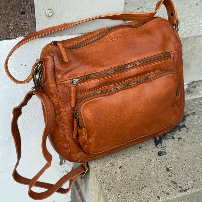 Hardin lædertaske - crossbody - to remme - patineret cognac - Montana