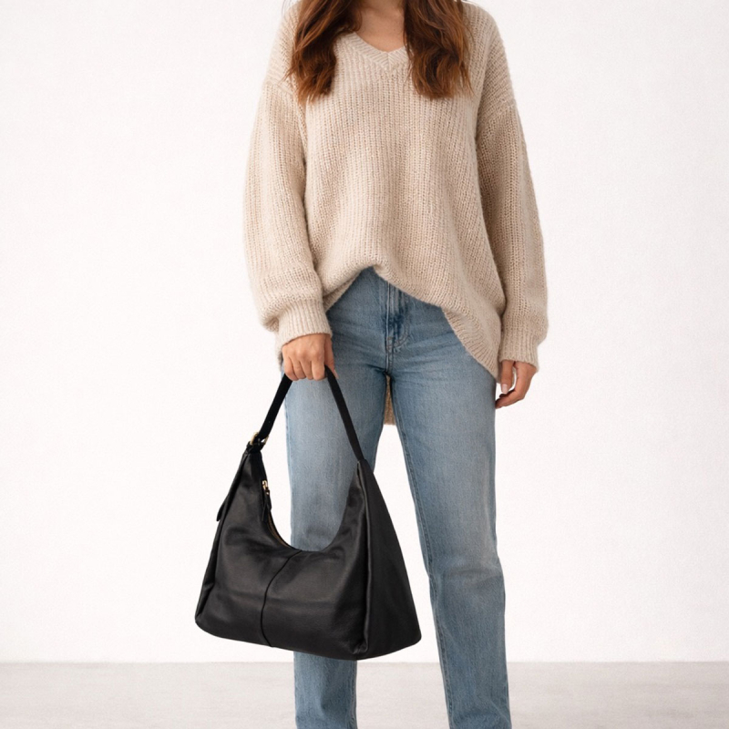 Ragnhild skuldertske i blød sort kalveskind - Treats - Freja skind