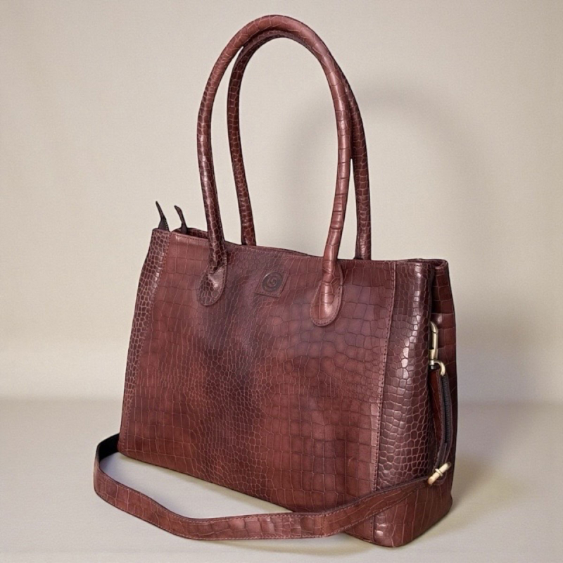 Shila skuldertaske med hånd / skulderhanke og aft rem - Croco præg skind - Leather design - Freja skind