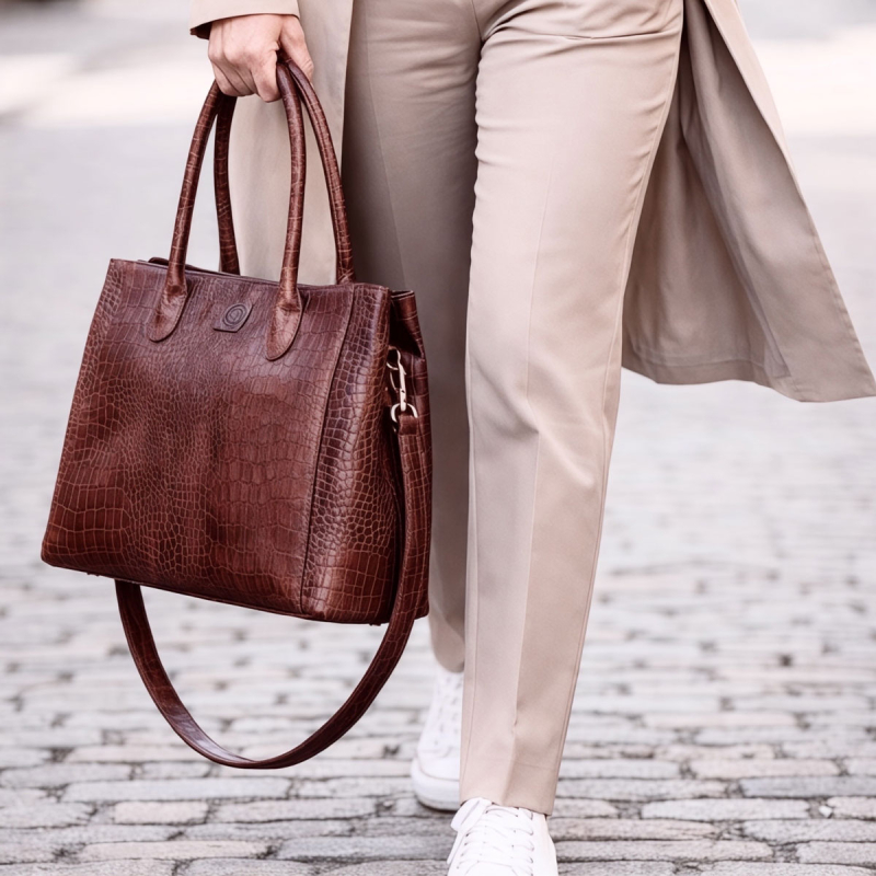 Shila skuldertaske med hånd / skulderhanke og aft rem - Croco præg skind - Leather design - Freja skind