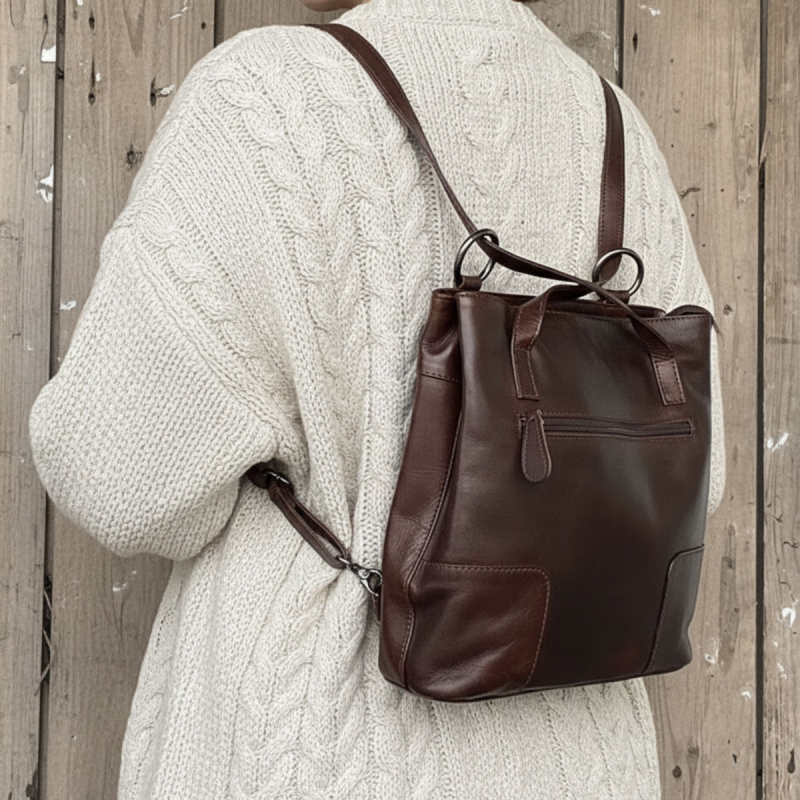 Monica dame rygsæk - to i en - kan også bæres som skuldertaske - brun - Freja skind