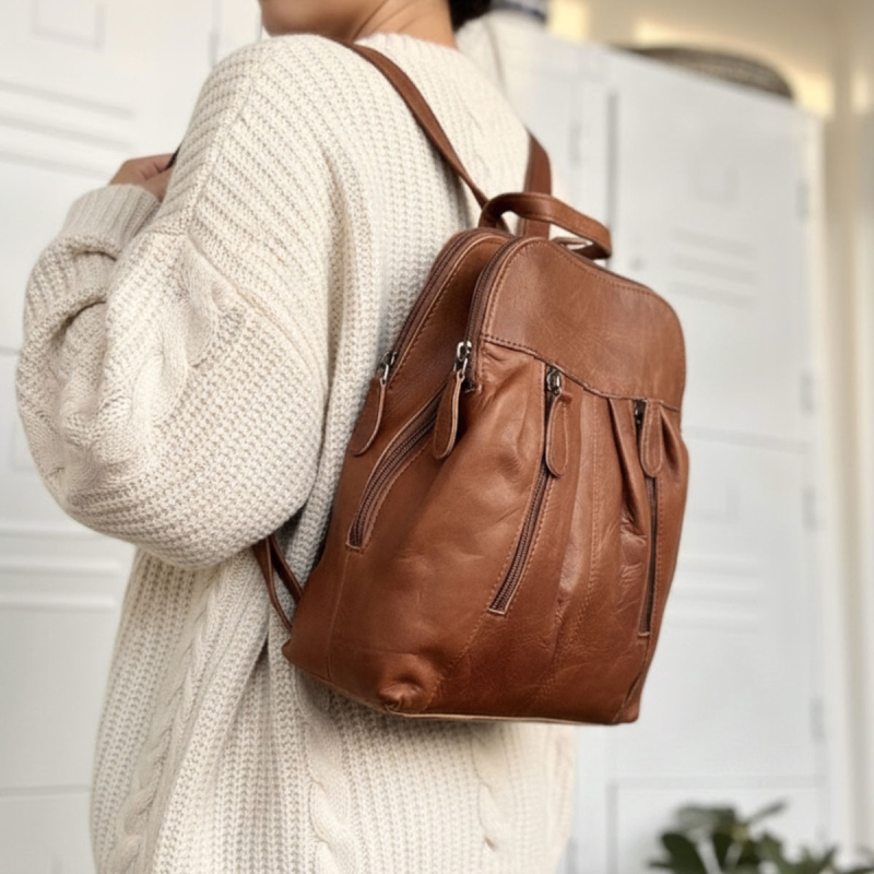 Camilla Läder ryggsäck - tre delad - Naturfärgad - Leather design