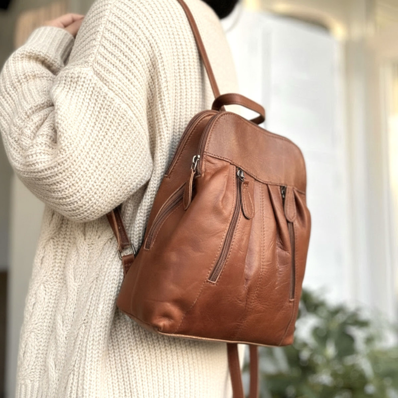 Camilla Läder ryggsäck - tre delad - Naturfärgad - Leather design
