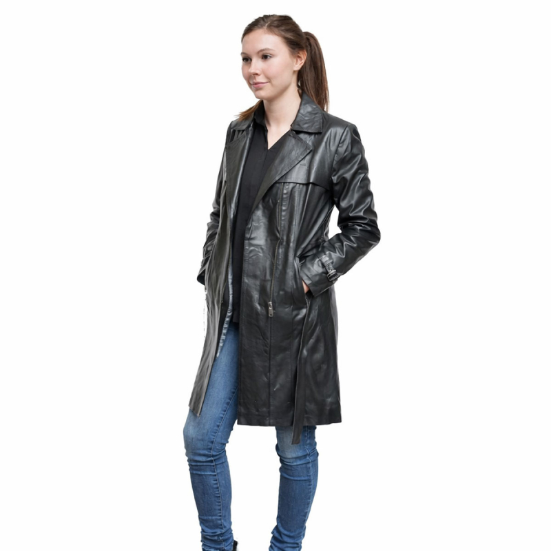 Sort Kylie trenchcoat dame - blød sort lammeskind