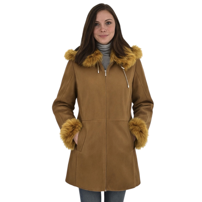 dame rulamsjakke med hætte - mellemlang - vinterjakke - Freja skind