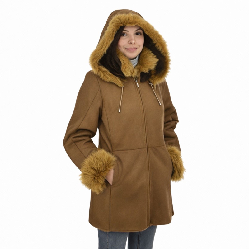 dame rulamsjakke med hætte - mellemlang - vinterjakke - Freja skind