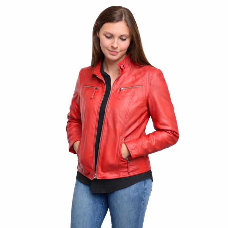 Rød dame skindjakke i sporty design - Freja skind