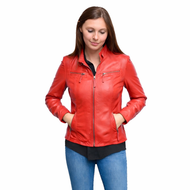 Rød dame skindjakke i sporty design - Freja skind