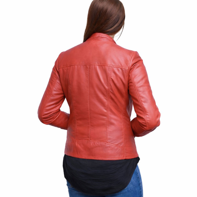 Rød dame skindjakke i sporty design - Freja skind