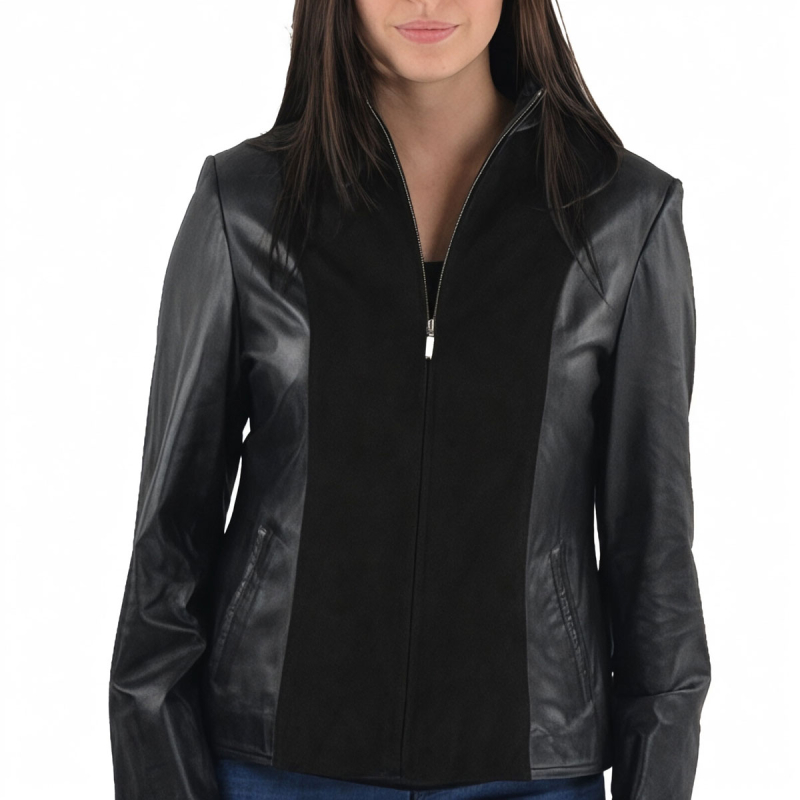 Sort dame skindjakke i handskeskind og ruskind