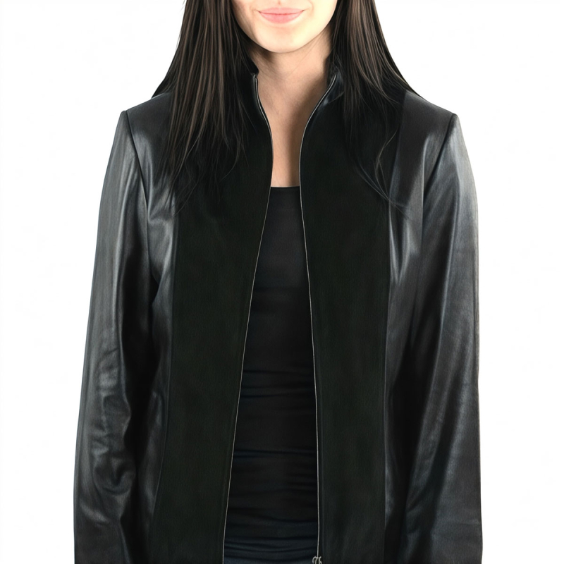 Sort dame skindjakke i handskeskind og ruskind