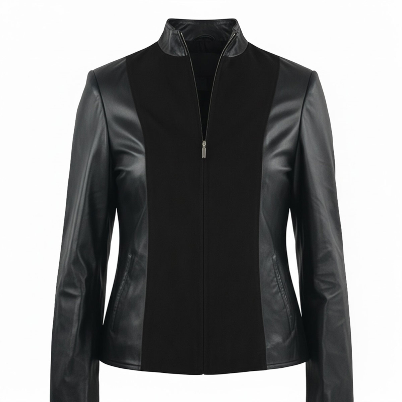 Sort dame skindjakke i handskeskind og ruskind