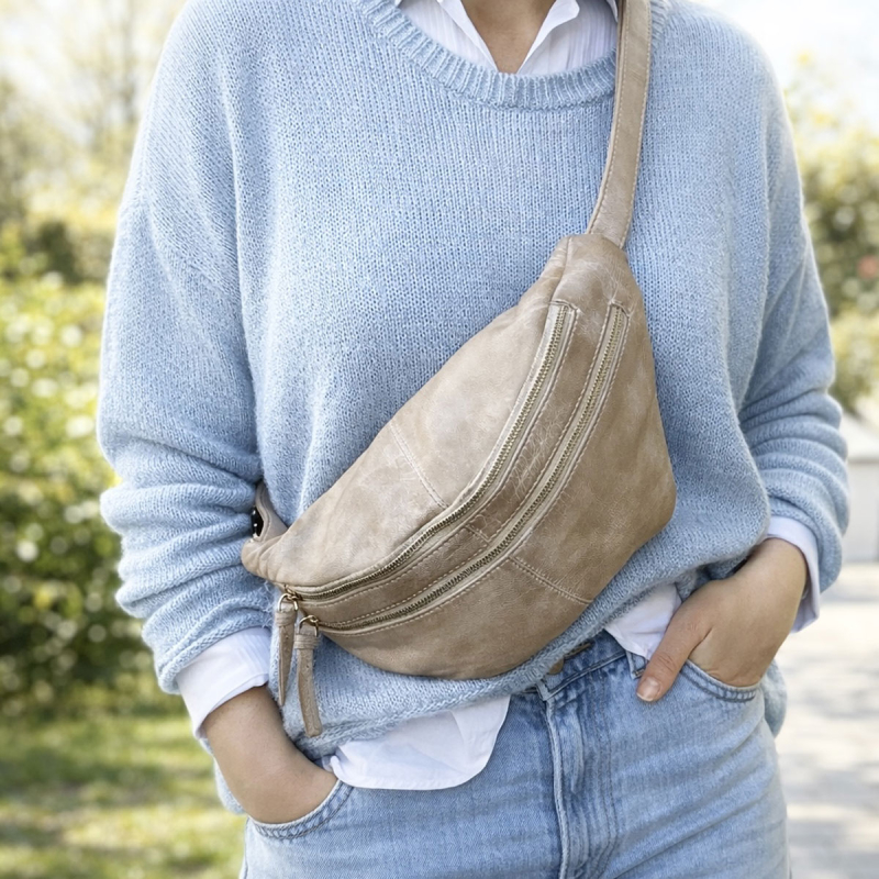 Vivian bumbag i satin beige skind - Orchid - Freja skind