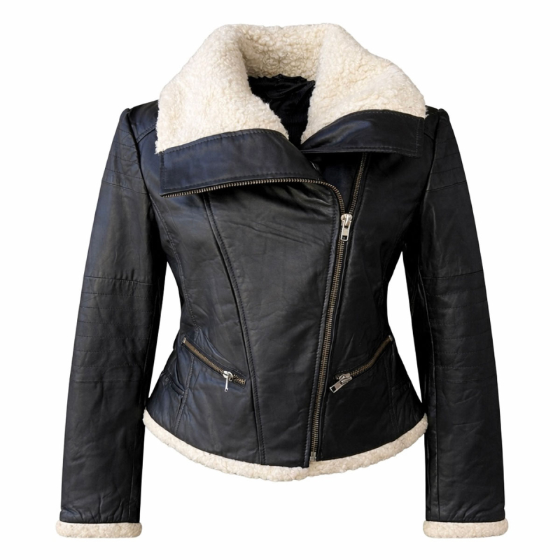 sort dame skindjakke med plysfoer - Freja skind