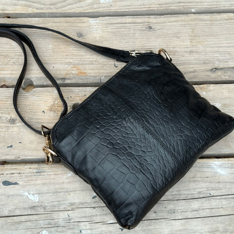 Liva axelväska och clutch i en - Svart crocopräge läder - Dam