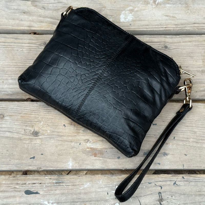 Liva axelväska och clutch i en - Svart crocopräge läder - Dam