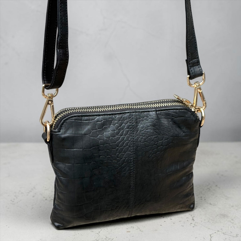 Liva axelväska och clutch i en - Svart crocopräge läder - Dam