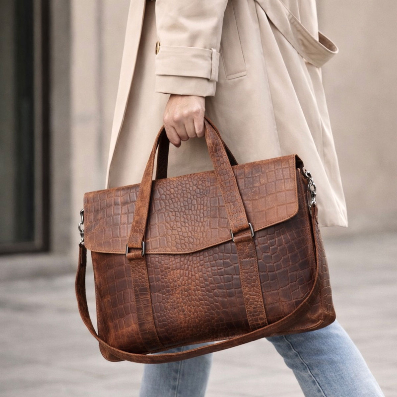 Denise arbejdstaske i hunter brun bøffellæder - Leather design - Freja skind