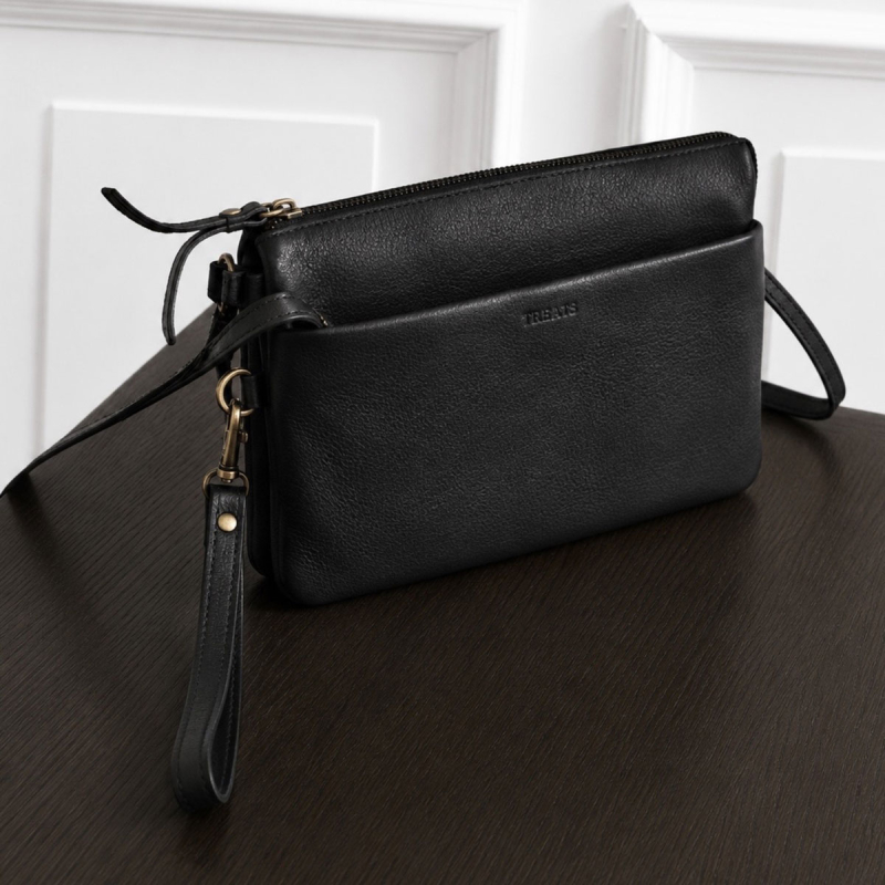 Smart clutch - Crossbody-väska i mjukt svart kalvskinn - Treats