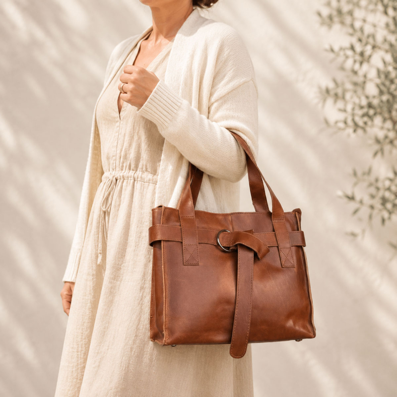Bianca skuldertaske i patineret cognac bøffellæder - UR 898 - Leather design - Freja skind