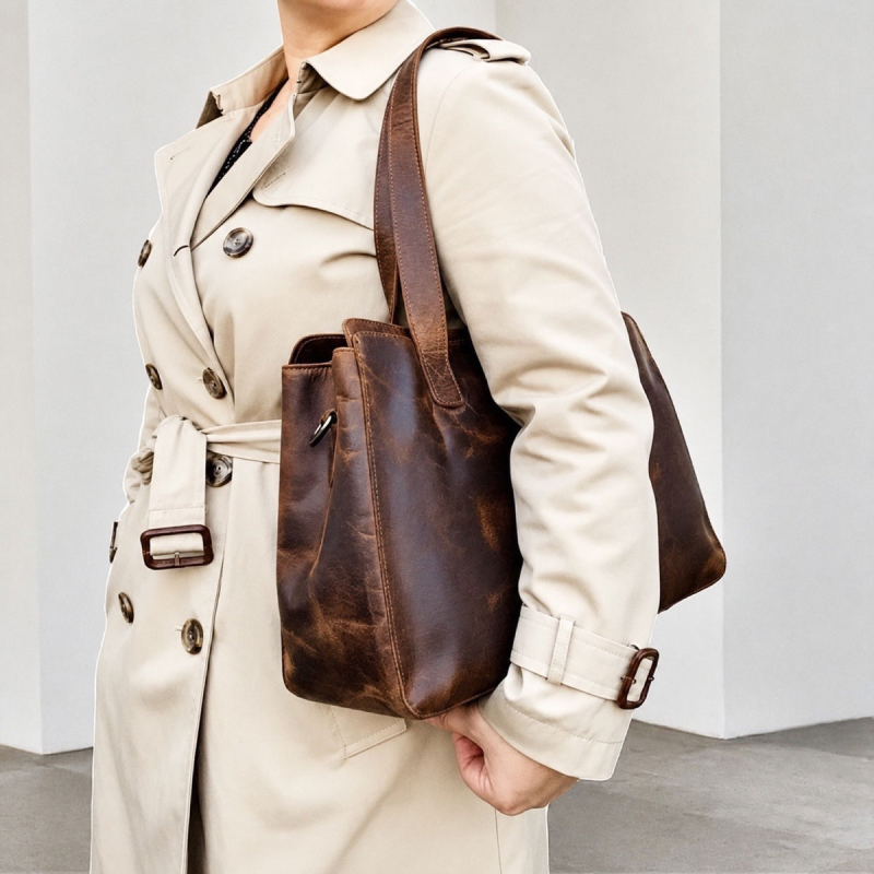 Angela skuldertaske i brun bøffel - Leather design - Freja skind