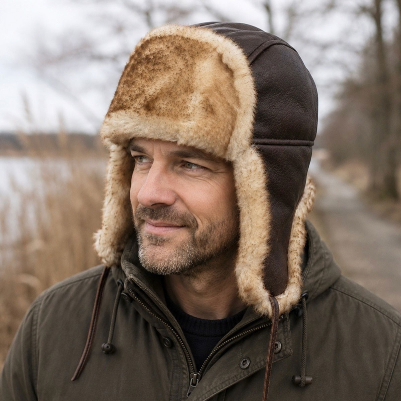 Brun Ushanka pelshue i brun rulam  - Freja skind
