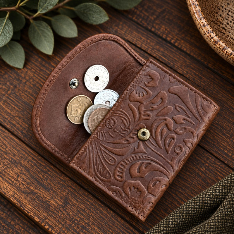 Dam läderplånbok i cognacfärgat, blompräglat läder - Florette från Leather Design - Freja skind