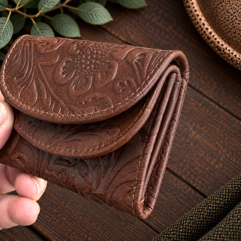 Dam läderplånbok i cognacfärgat, blompräglat läder - Florette från Leather Design - Freja skind