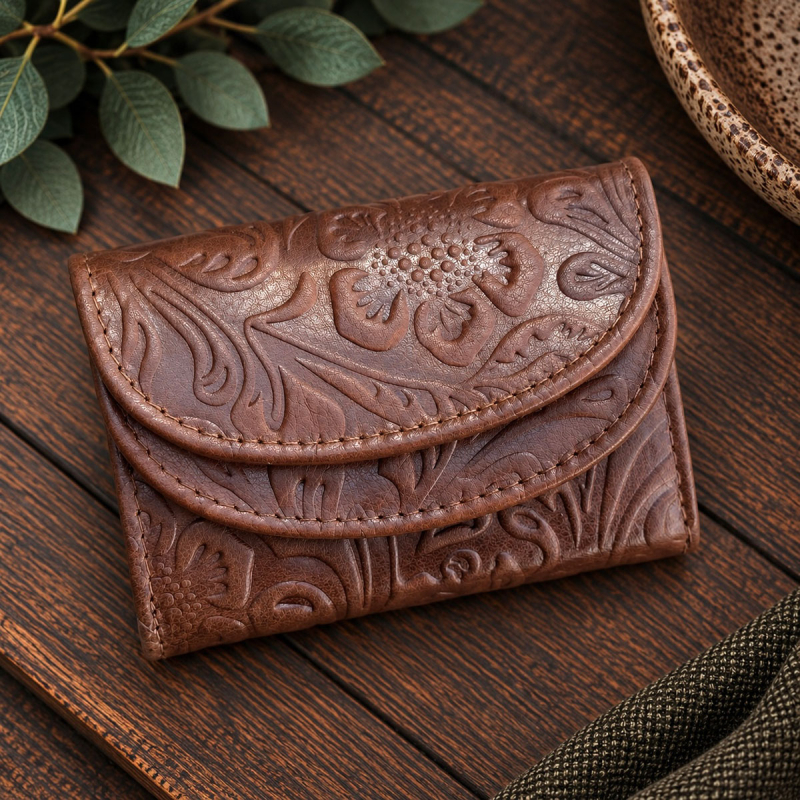 Dam läderplånbok i cognacfärgat, blompräglat läder - Florette från Leather Design - Freja skind