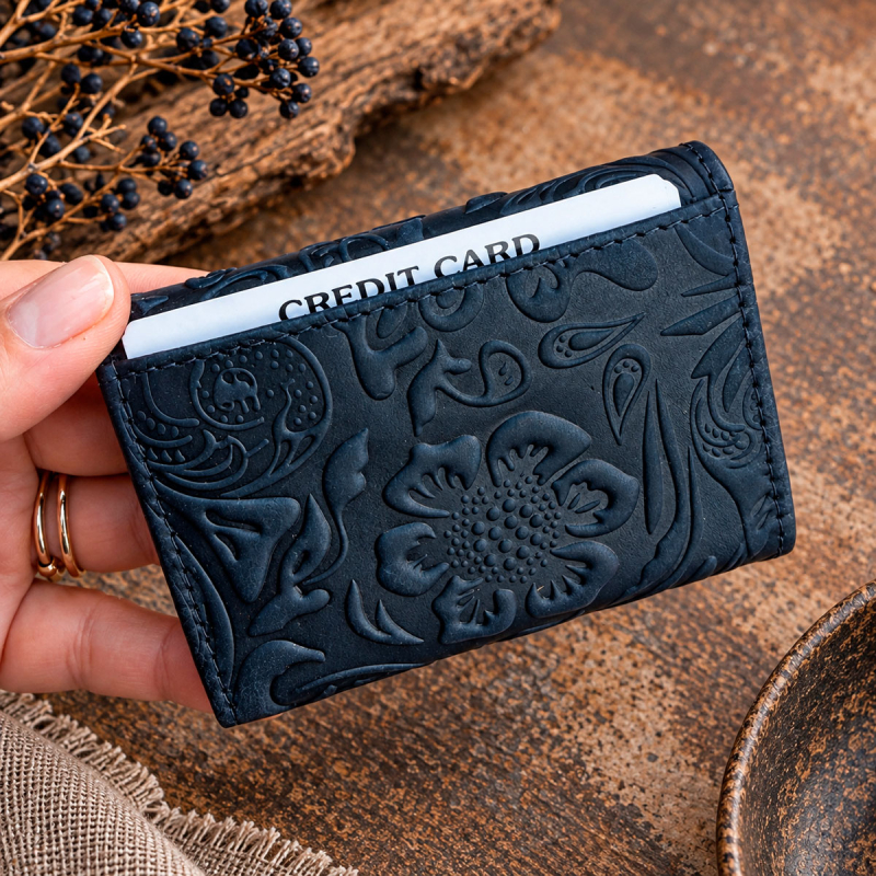 Dam skinnplånbok i mörkblått, blompräglat läder - Florette från Leather design - Freja skinn