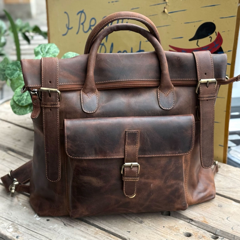 Zwolle rygsæt / skuldertaske til pc mm - hunter brun bøffelskind - Leather design - Freja skind