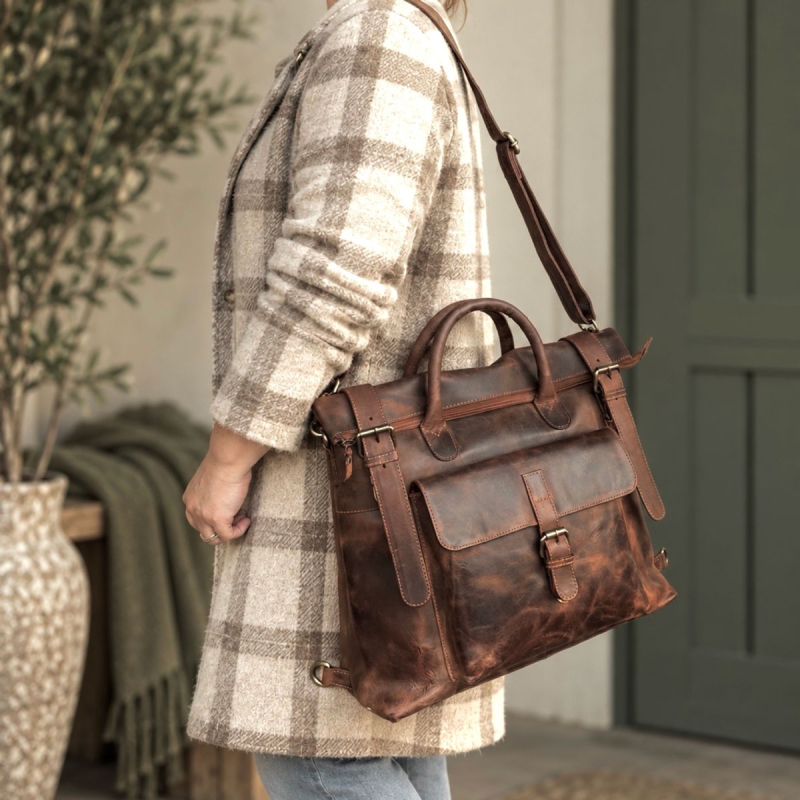 Zwolle rygsæt / skuldertaske til pc mm - hunter brun bøffelskind - Leather design - Freja skind
