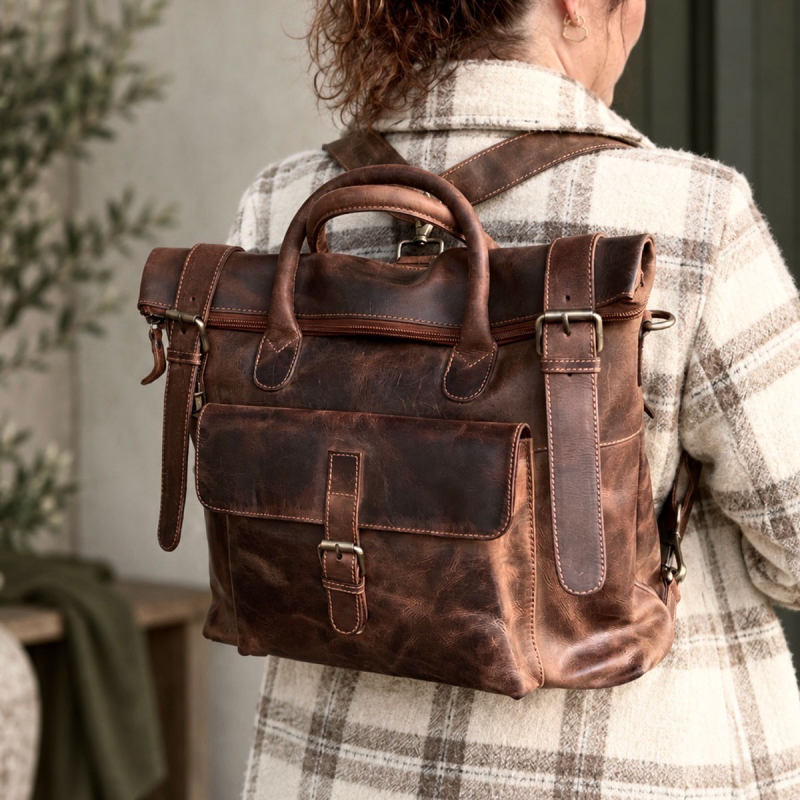 Zwolle ryggsäck / axelväska för pc m.m. - hunter brun buffelskinn - Läderdesign - Freja skinn