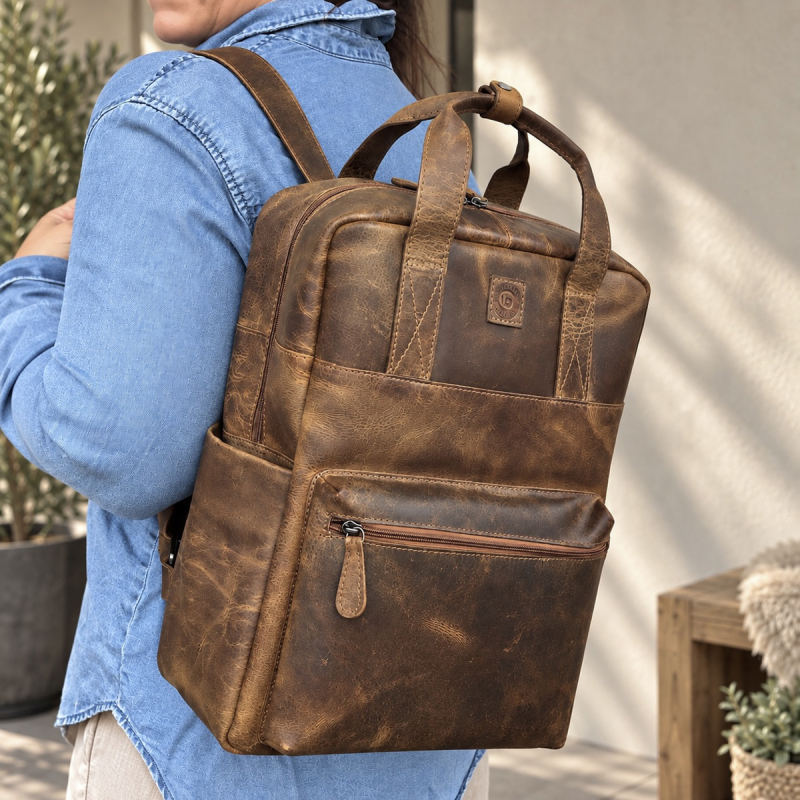 Rotterdam ryggsäck i hunterbrunt buffelläder - UR 1149 - Leather design - Freja skinn