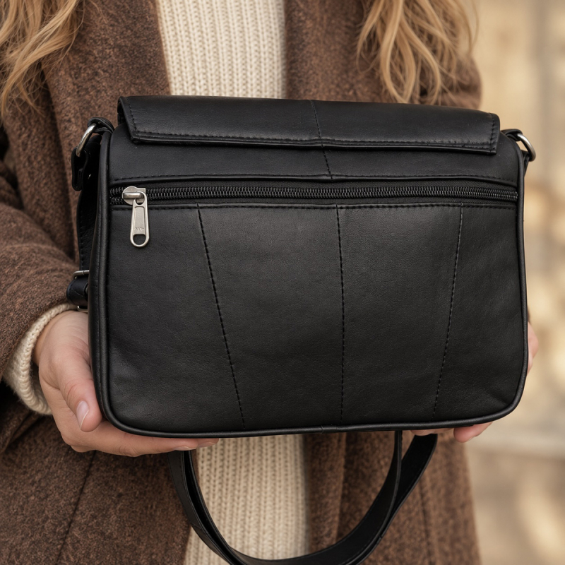 Svart damskinnväska med klaff - Lissy från Freja skinn - Mjukt lammskinn