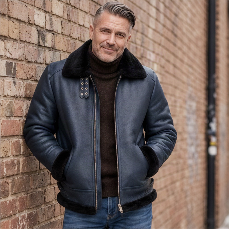 Jeffrey herr fårskinnsjacka i mörkblå – super varm och exklusiv