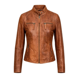 Cognac dam skinnjacka i sportig design - Freja skind