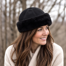 Adina dame shearling hat m.ombuk - Varm sort rulam - Freja skind