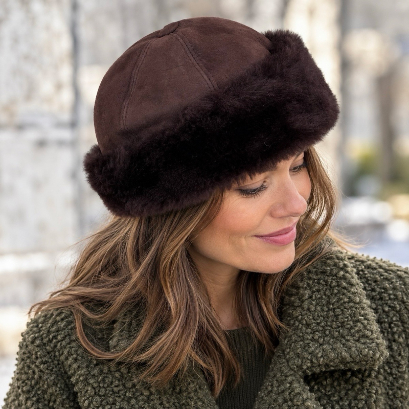 Adina Shearling hat - Sort med ombuk - blød og varm vinterhue - dame - Freja skind